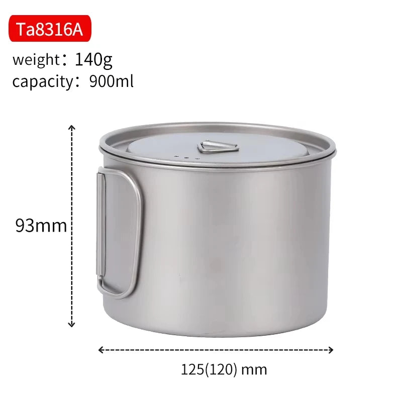 titanium pot with dimensions and weight capacity on a white background