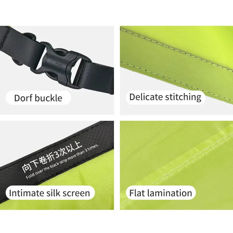 Close-up of a black belt with Dorf buckle, delicate stitching, intimate silk screen text, and flat lamination on a green background.