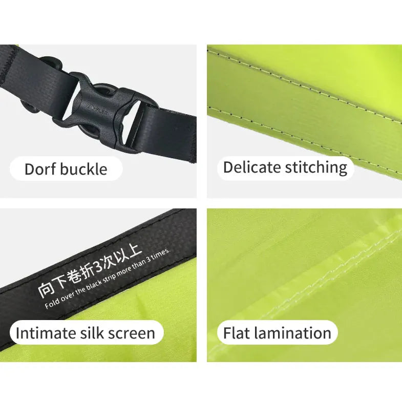 Close-up of a black belt with Dorf buckle, delicate stitching, intimate silk screen text, and flat lamination on a green background.