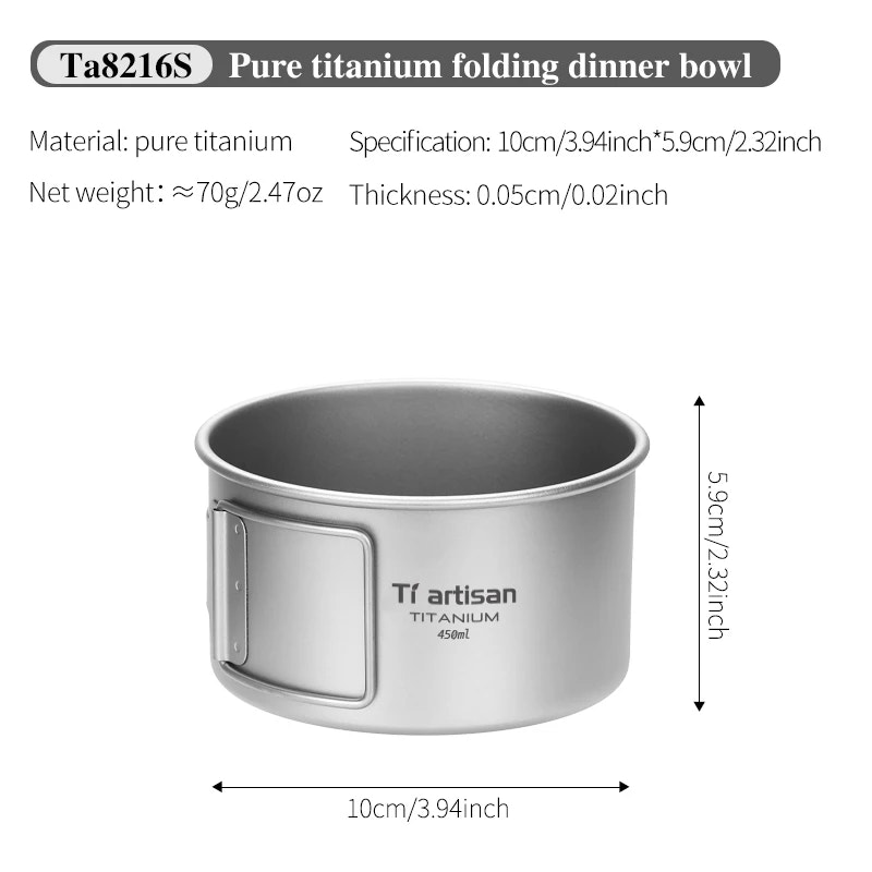 Pure titanium folding dinner bowl with dimensions and material details on a white background