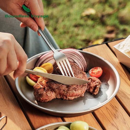 Person cutting into a piece of meat on a plate with vegetables outdoors