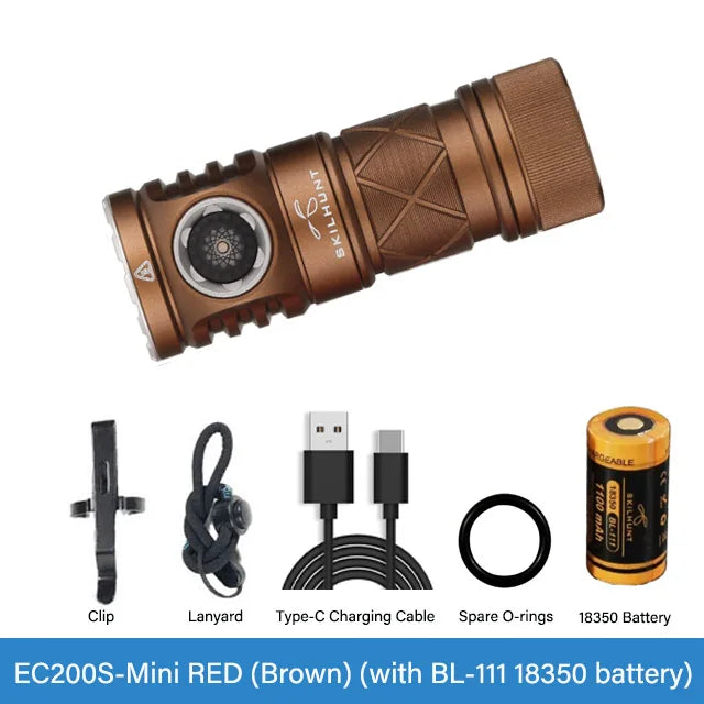 Brown flashlight with accessories on a white background