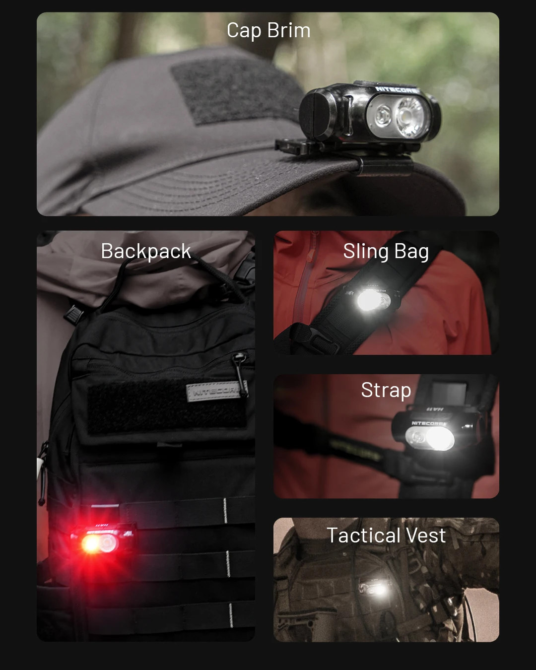 Light attached to various items including a cap brim, backpack, sling bag, strap, and tactical vest.
