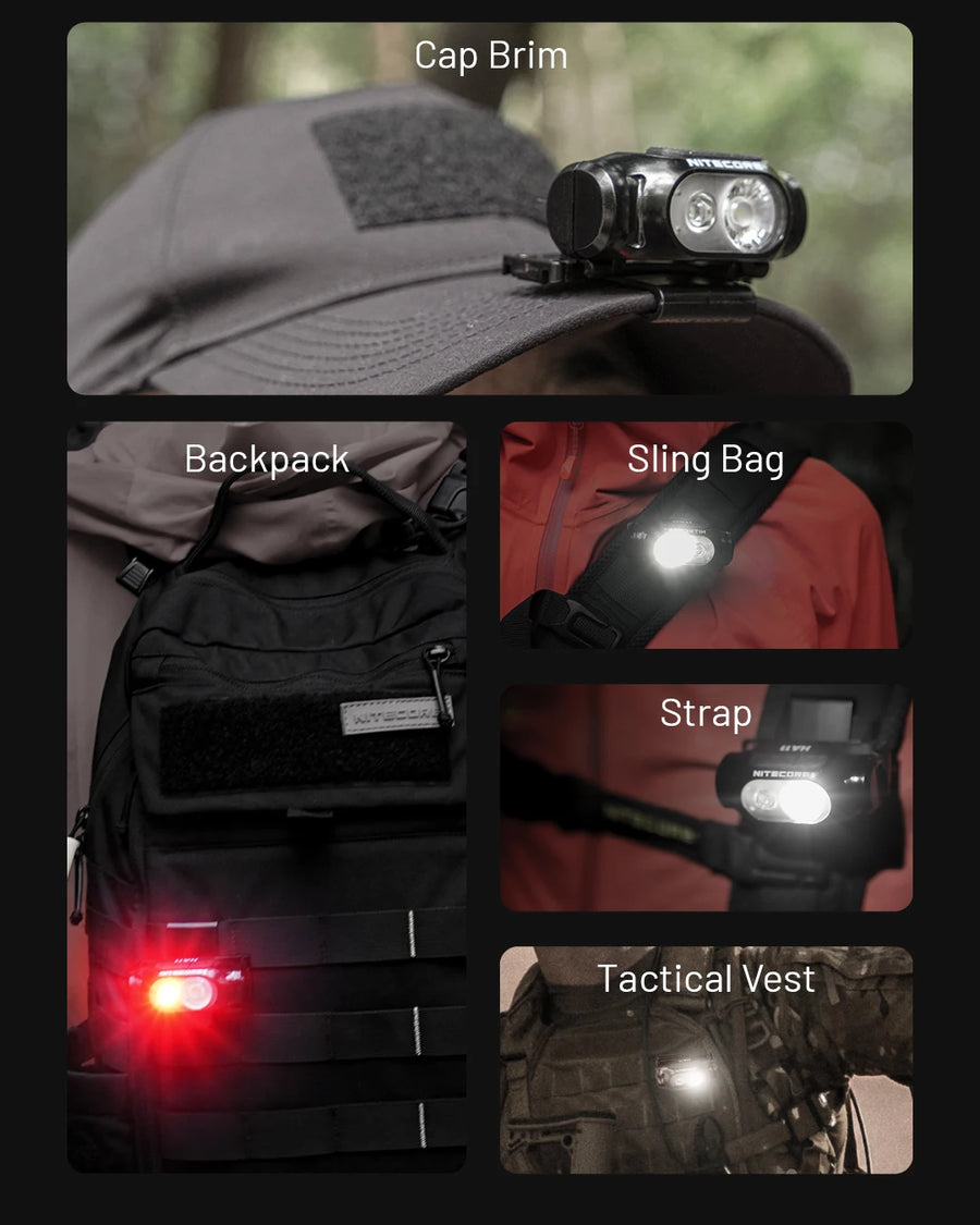 Light attached to various items including a cap brim, backpack, sling bag, strap, and tactical vest.