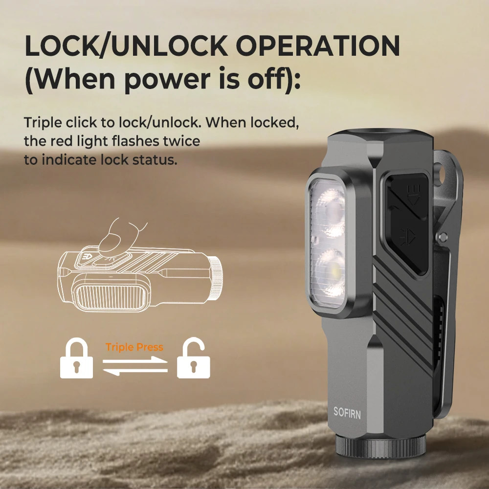 Black flashlight with lock/unlock instructions on a beige background