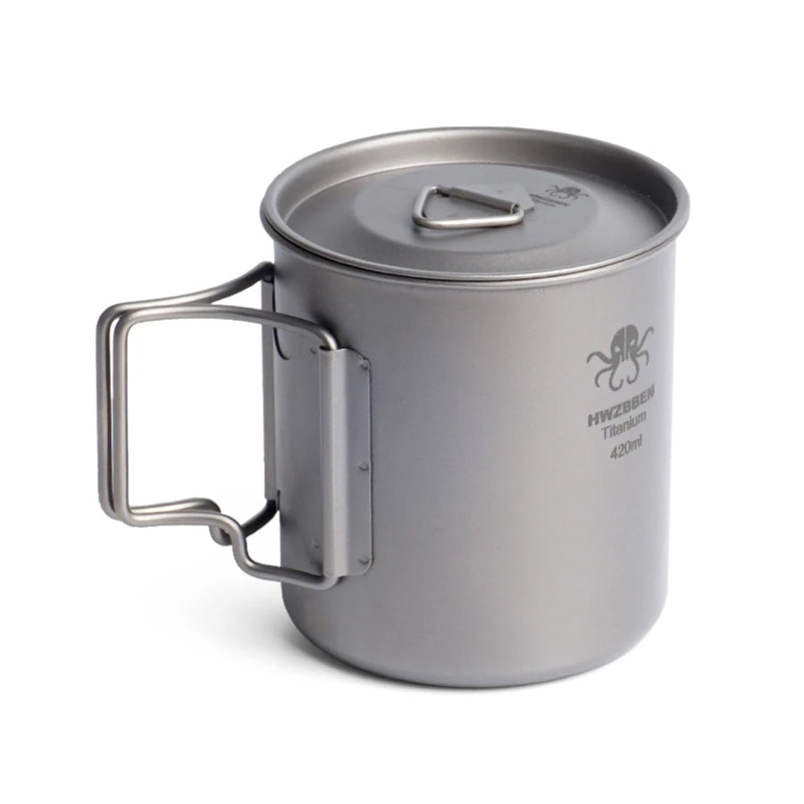 titanium camping mug with handle on a white background