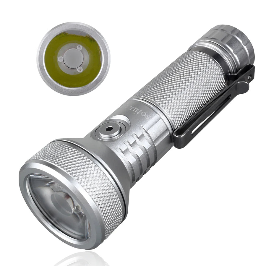 Silver flashlight with detailed texture on a white background