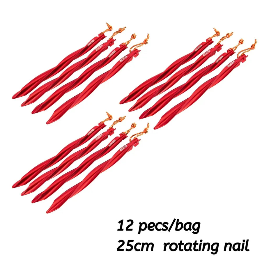 Red pegs with a rotating nail, labeled '12 pecs/bag' and '25cm rotating nail'.