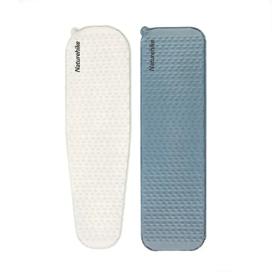 Two inflatable camping mats, one white and one blue, with 'Naturehike' branding on a white background.