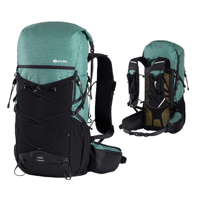 Teal and black hiking backpack with multiple compartments on a white background