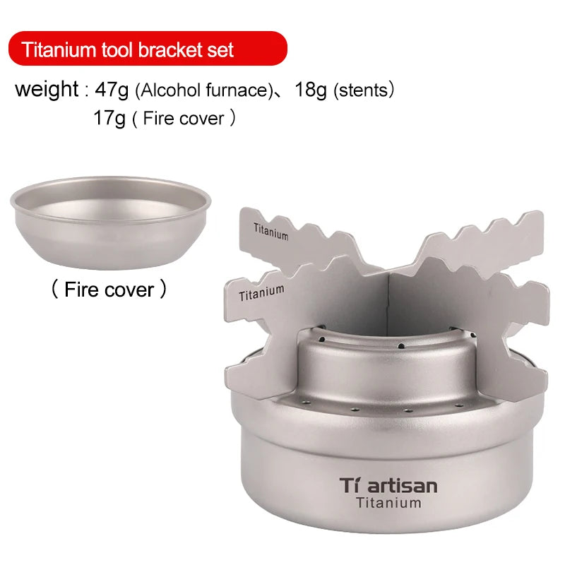 Titanium tool bracket set with fire cover and alcohol furnace, featuring weight information.