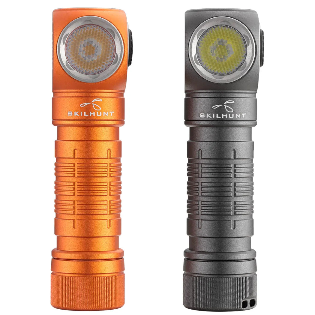 Two flashlights, one orange and one gray, with 'Skilhunt' branding on a white background.