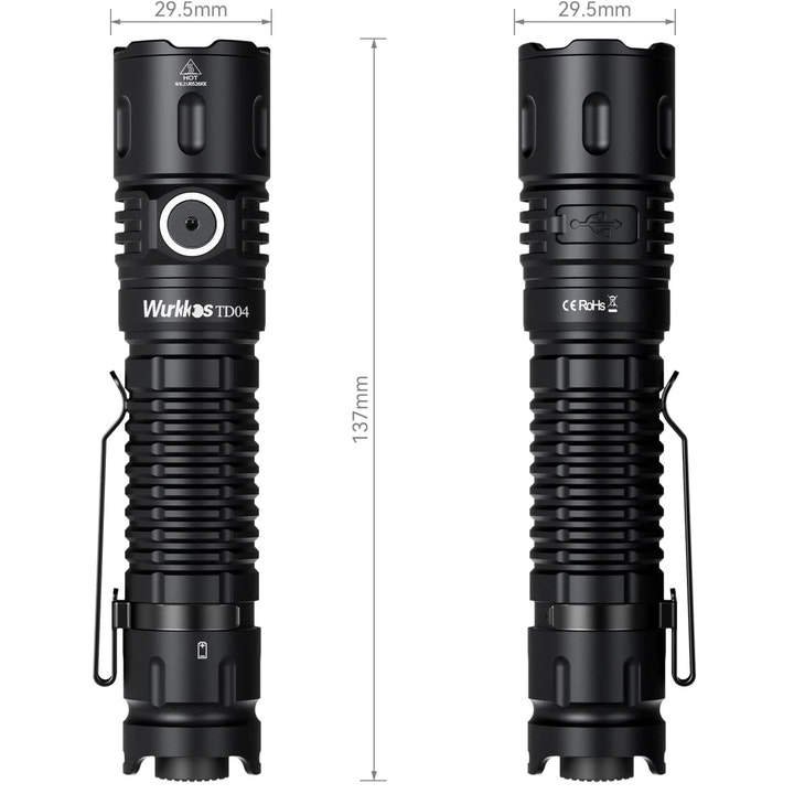 Two black flashlights with measurements on a white background