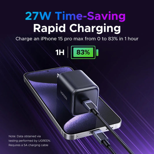 a ugreen power adapter pugged into a phone, with purple lasers