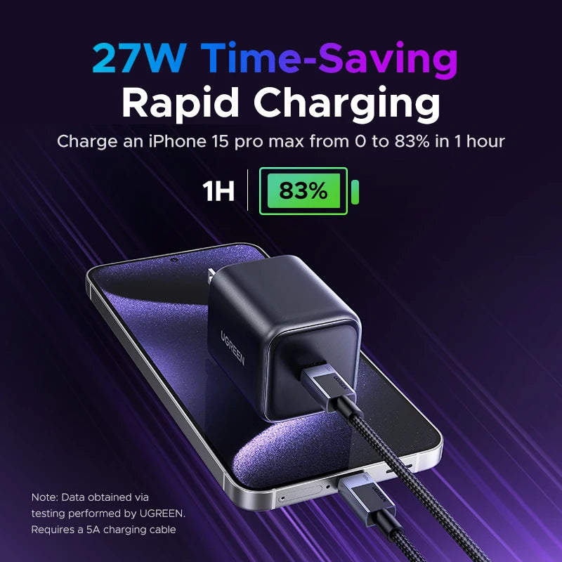 a ugreen power adapter pugged into a phone, with purple lasers