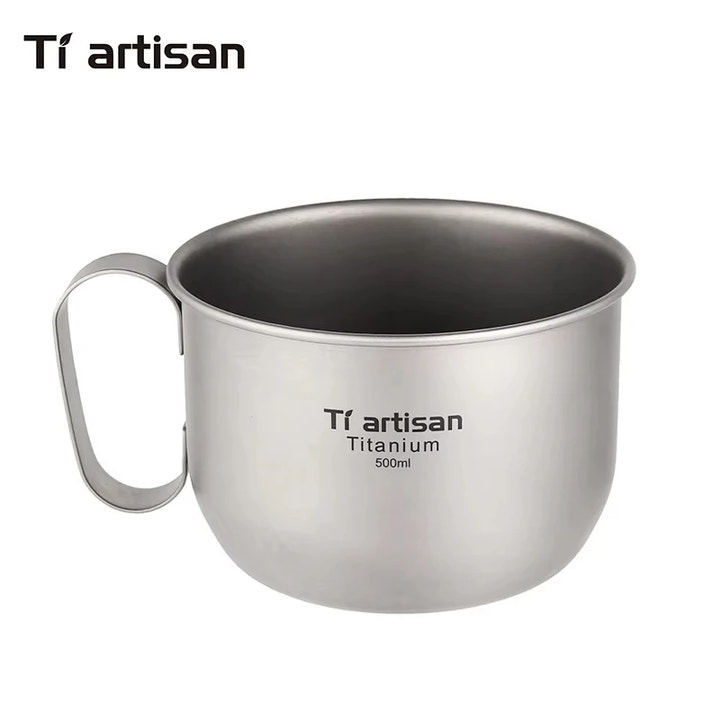 Titanium mug with handle on a white background, featuring Tiartisan branding.