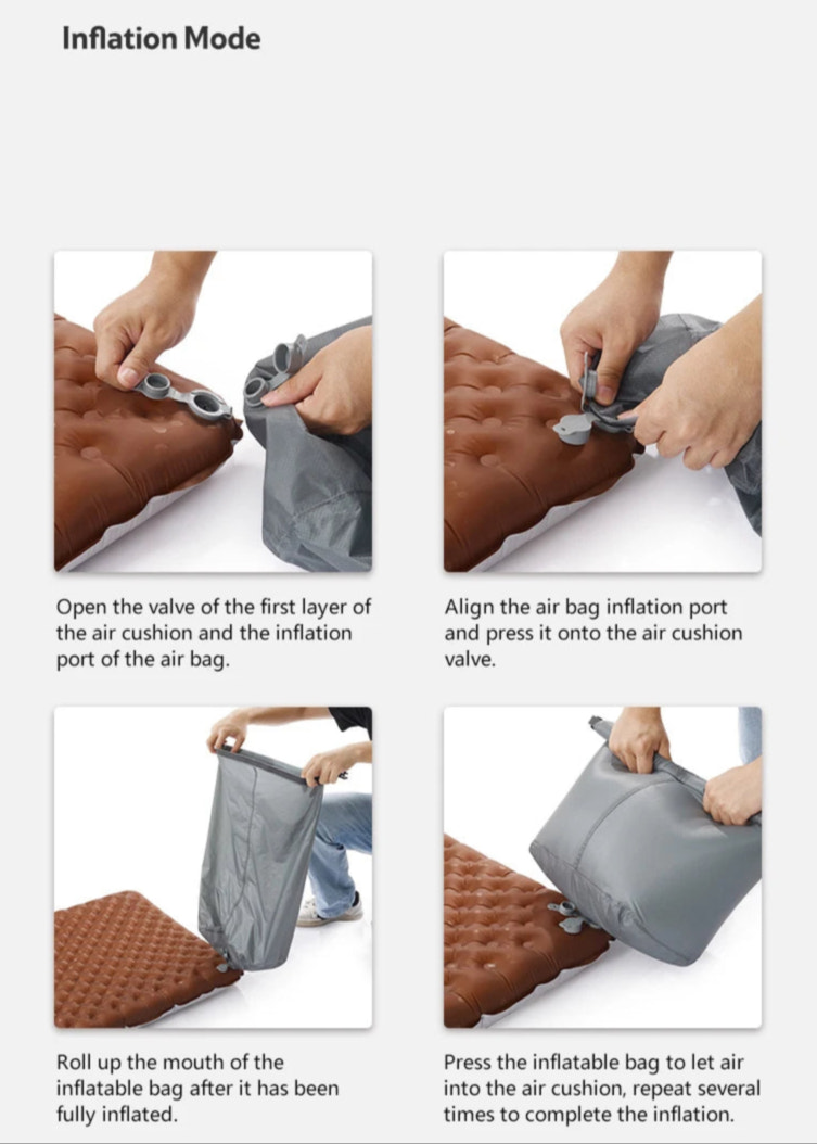 Instructions for inflating an air cushion with text and images of hands performing actions.