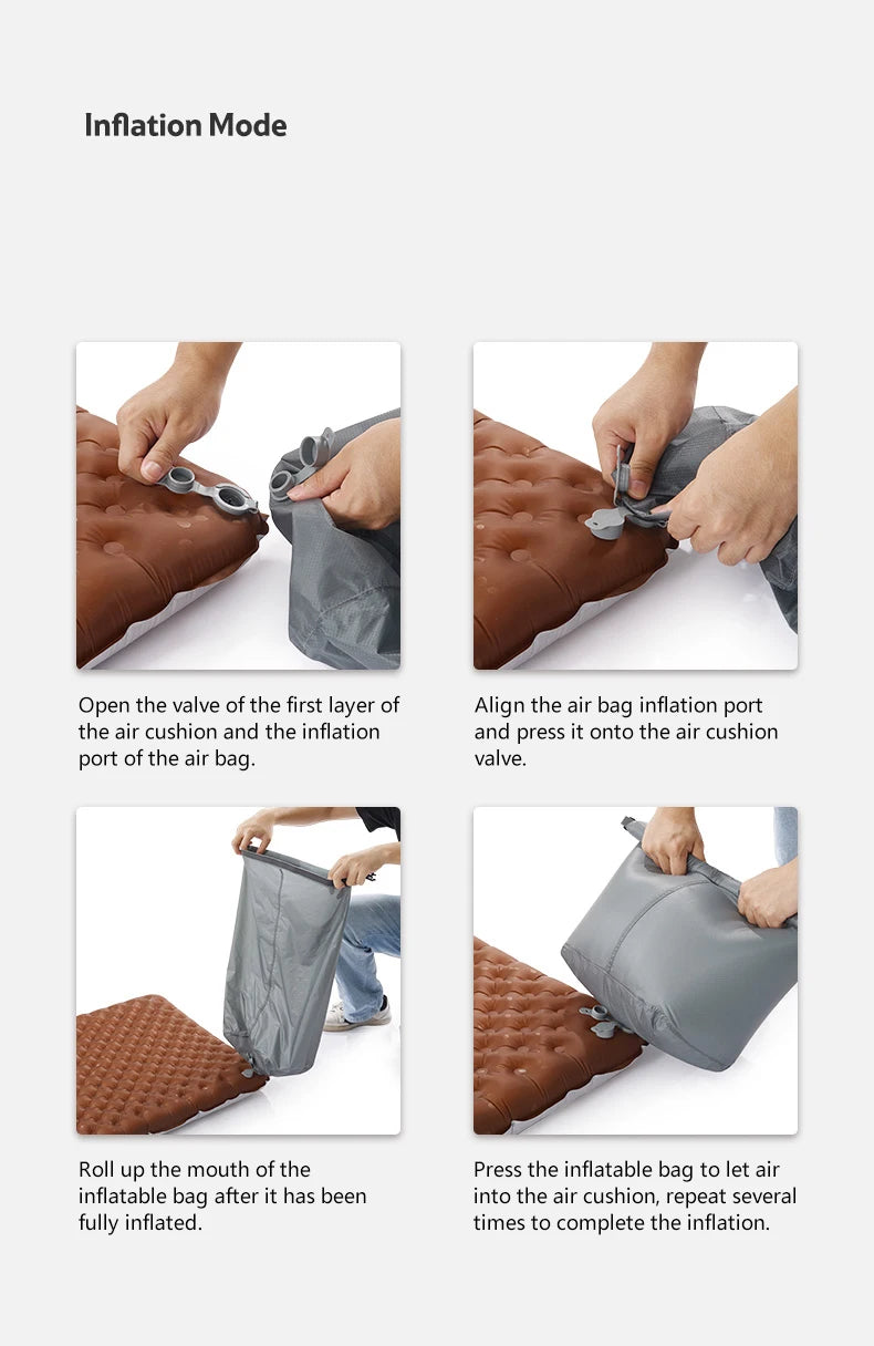 Instructions for inflating an air cushion with text and images of hands performing actions.