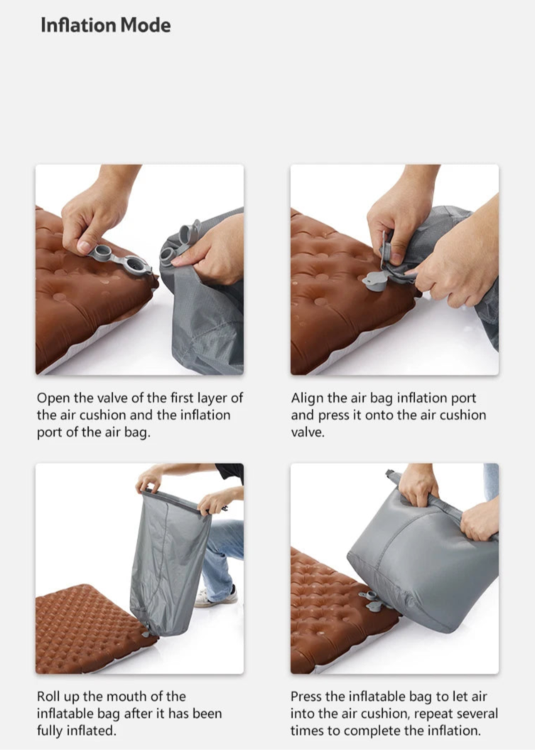Instructions for inflating an air cushion with text and images of hands performing actions.