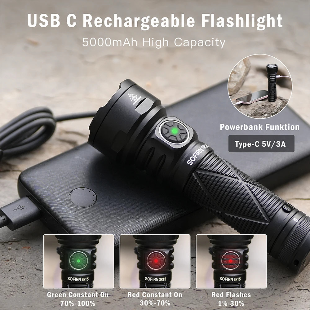 USB C rechargeable flashlight with powerbank function on a wooden surface