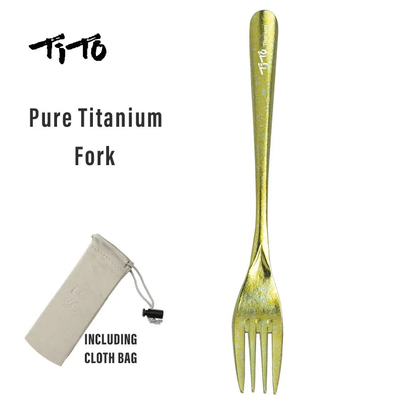 Pure Titanium Fork with cloth bag on a white background, featuring the Tito brand.