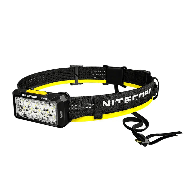Nitecore headlamp with black strap and yellow accents on a white background