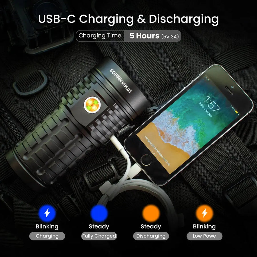 Flashlight with USB-C charging cable and smartphone displaying charging indicators on a dark background