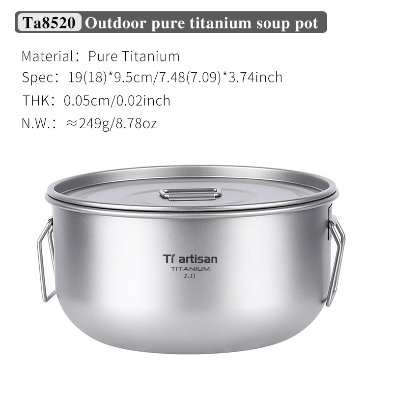 Outdoor pure titanium soup pot with specifications on a white background