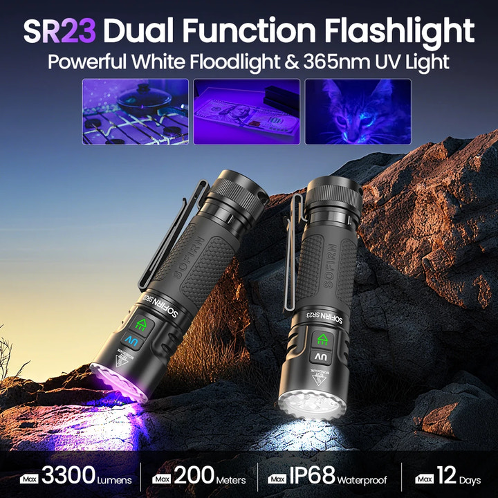 Two dual-function flashlights on a rocky surface with text highlighting features.