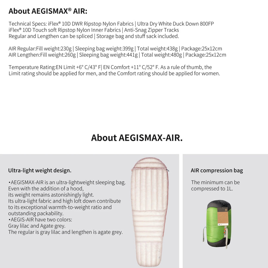 AEGISMAX AIR sleeping bag with technical specifications and features on a white background