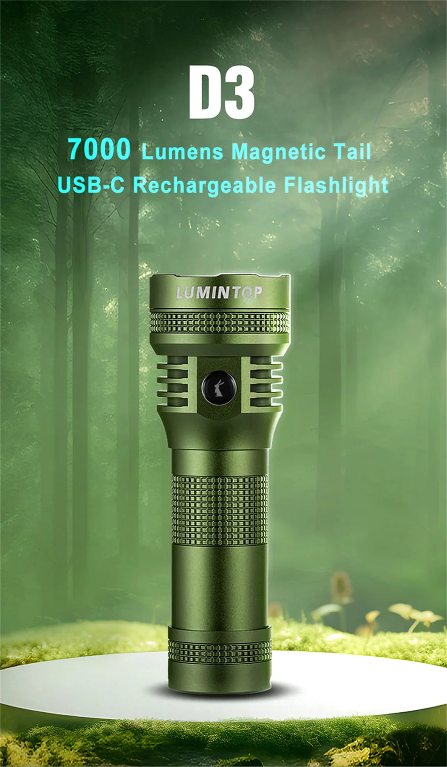 Green flashlight with 'D3' branding against a forest background