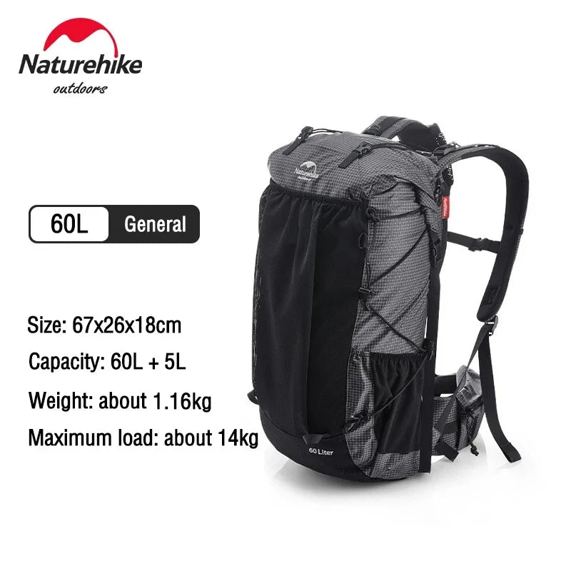 Black and gray backpack with Naturehike branding on a white background