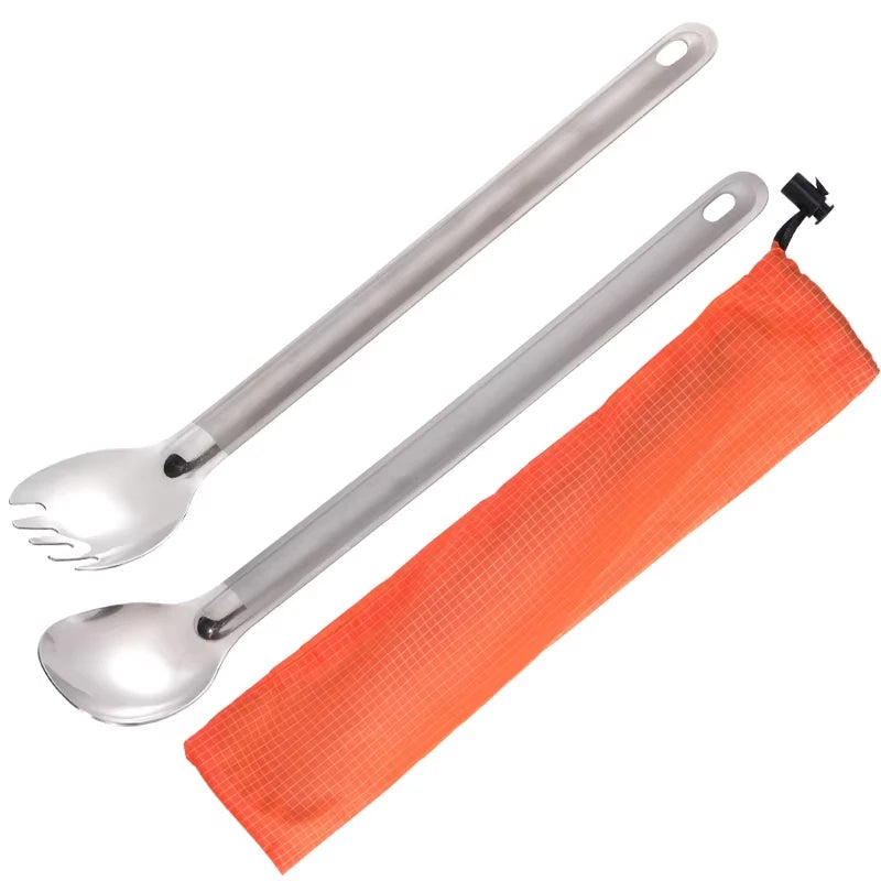 Set of titanium utensils with a red mesh bag on a white background