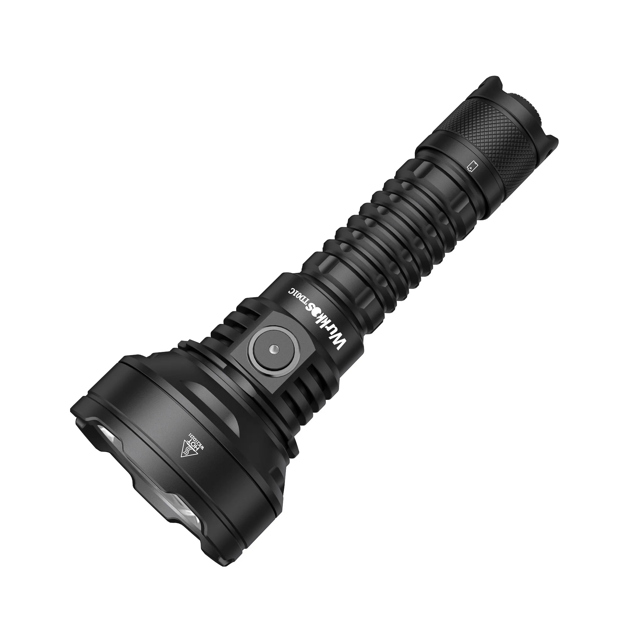 Black flashlight with textured grip on a white background
