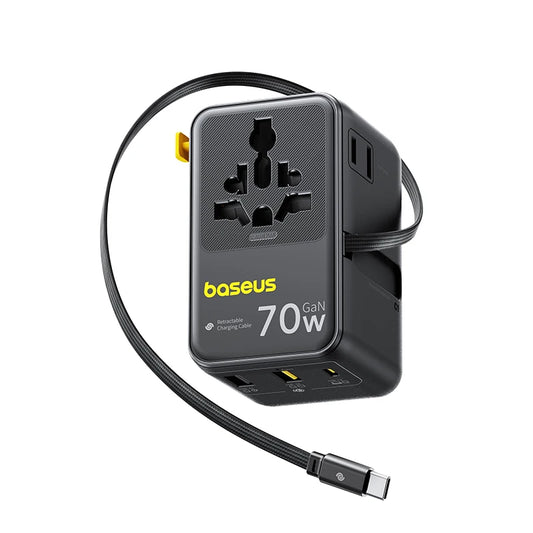 The Baseus 70W EnerCore CG11 Universal Travel Adapter in black on a white background