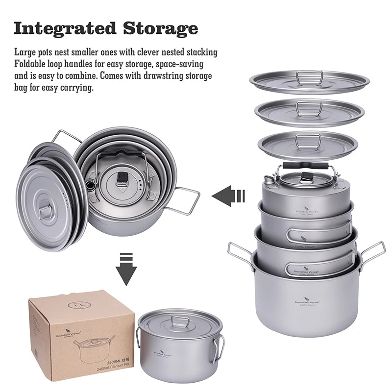 Stackable metal cookware set with nested design and storage box on a white background