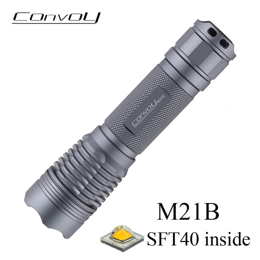 Gray flashlight with 'Convoy' branding on a white background