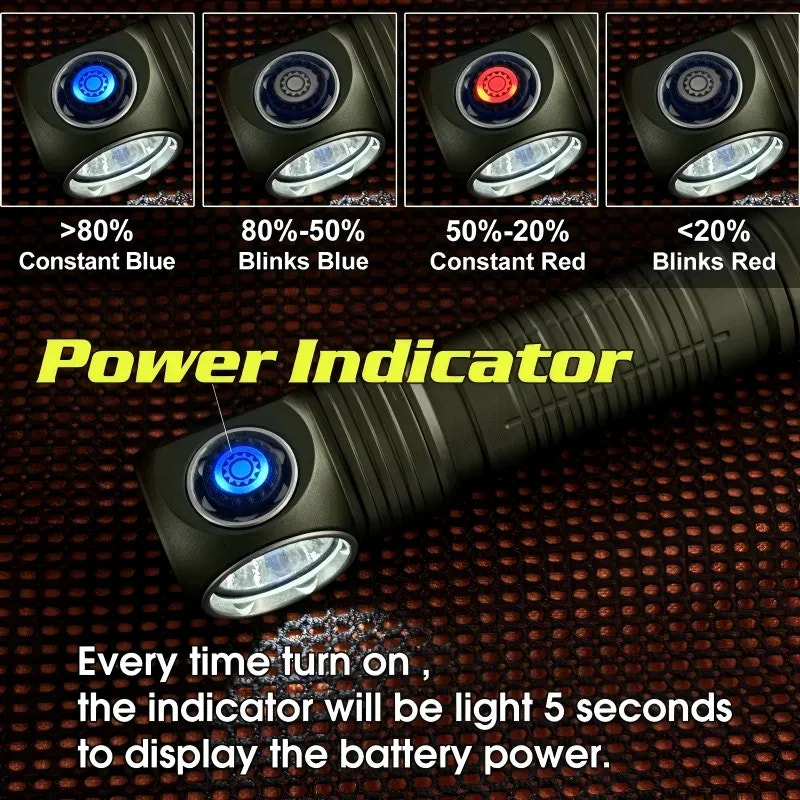 Flashlight with power indicator showing different statuses on a dark background