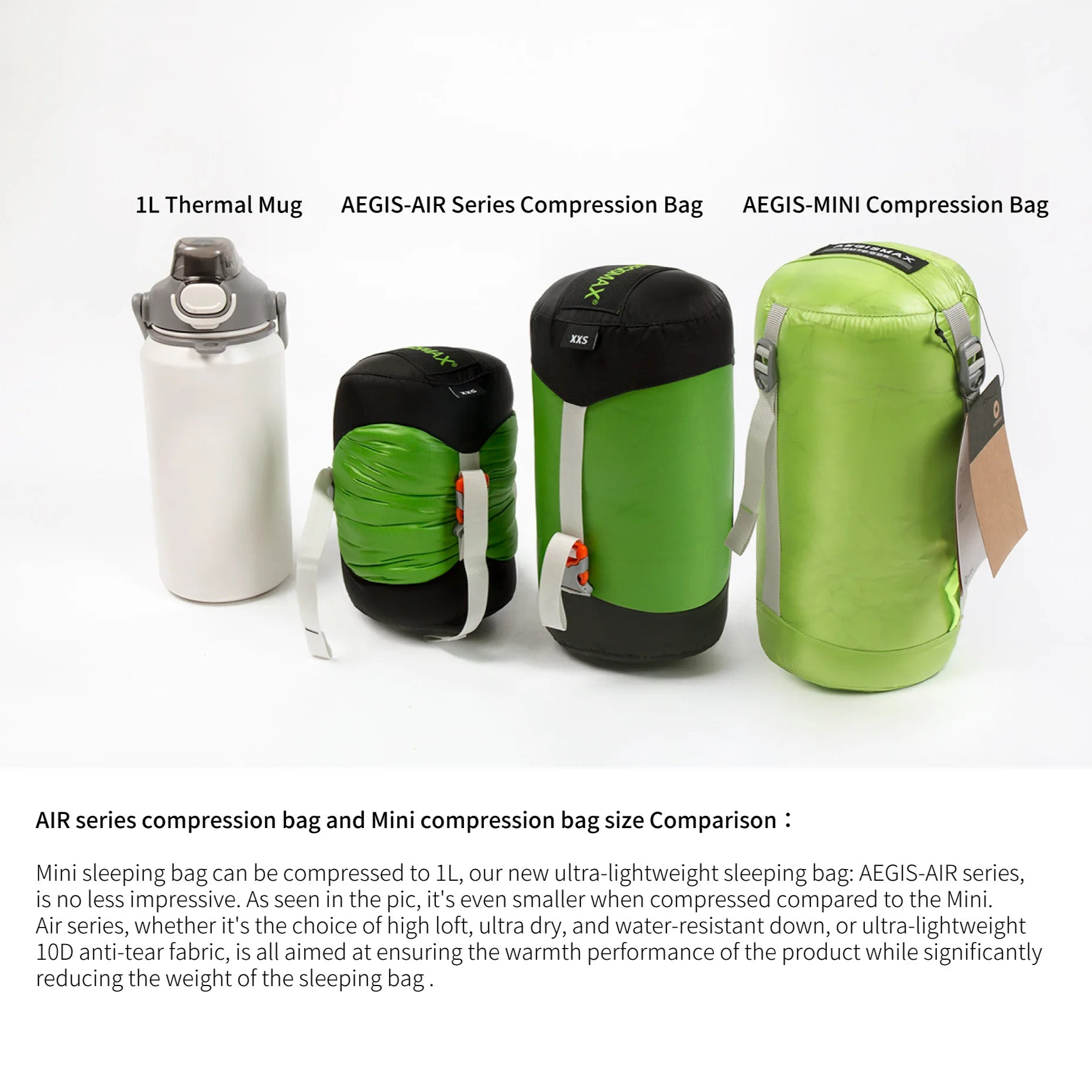 Three compression bags and a mug on a white background with text about their features.