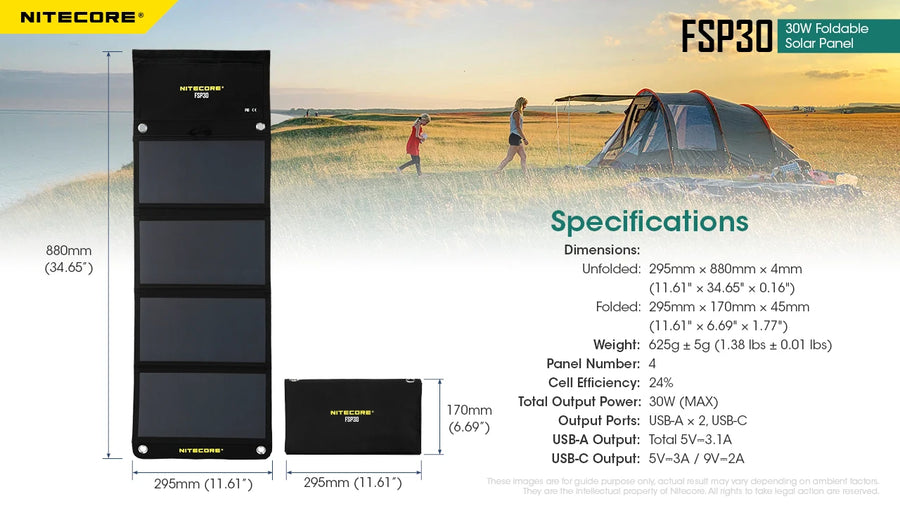 Nitecore FSP30 solar panel with specifications and usage scenario on a desert landscape.