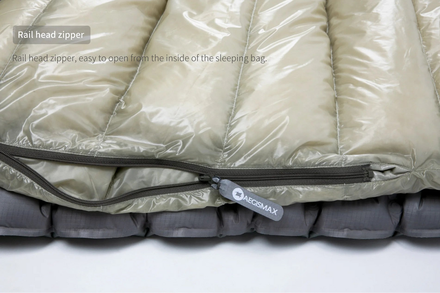 Close-up of a sleeping bag with a rail head zipper on a white background