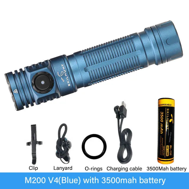 Blue flashlight with accessories on a white background
