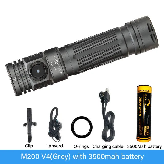 Black flashlight with accessories on a white background