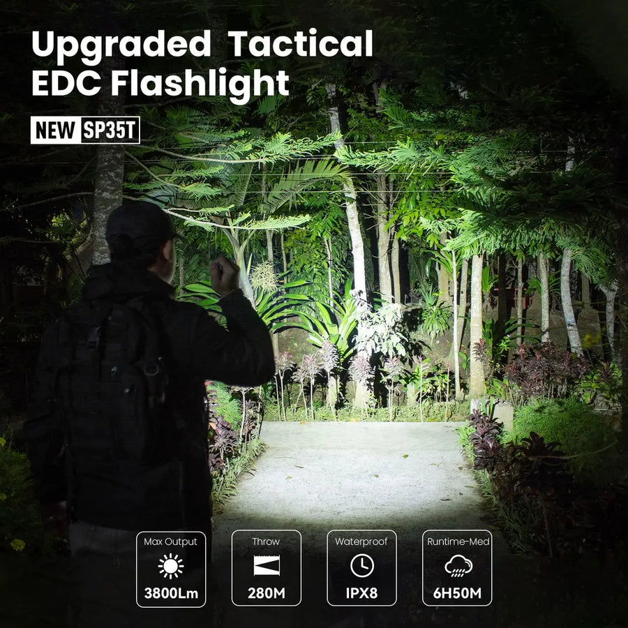 Person using a flashlight in a forest with product details displayed.