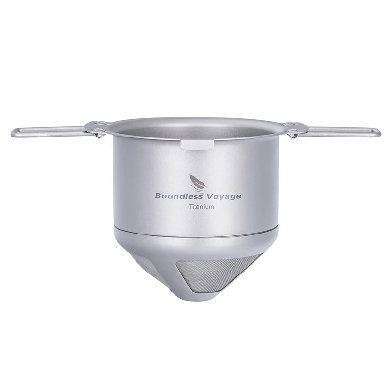 Titanium coffee filter on a white background, featuring 'Boundless Voyage' branding.