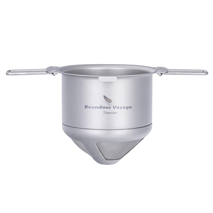 Titanium coffee filter on a white background, featuring 'Boundless Voyage' branding.