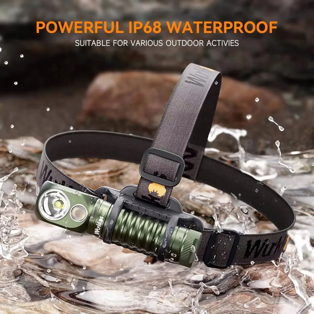 Waterproof headlight with water splashes on a natural background