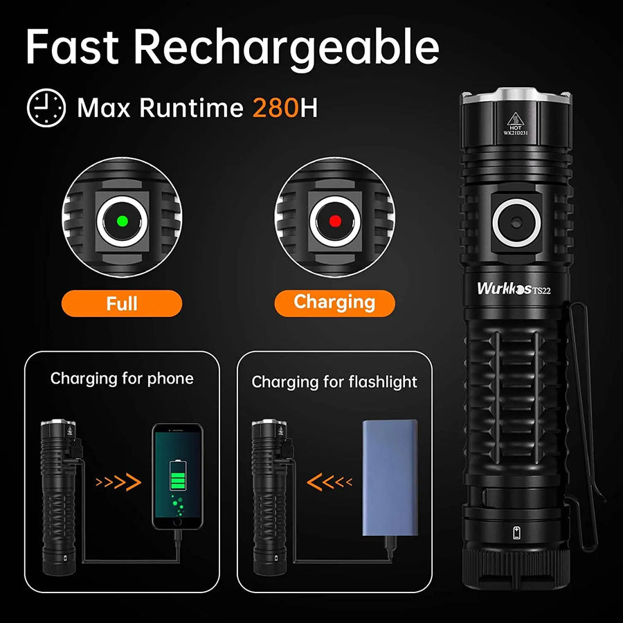 Black flashlight with charging indicators and text on a dark background