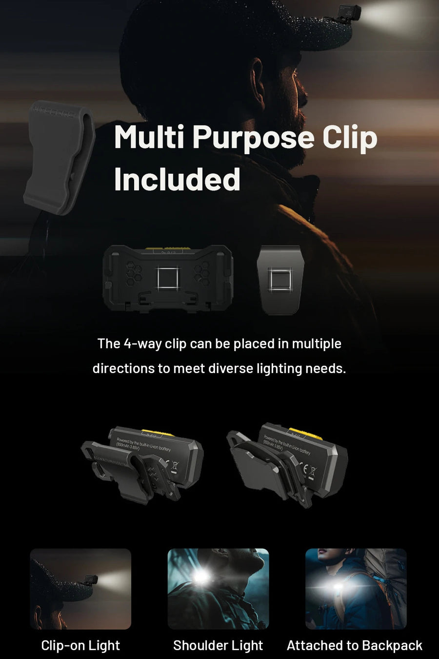 Multi-purpose clip with various attachment options on a dark background