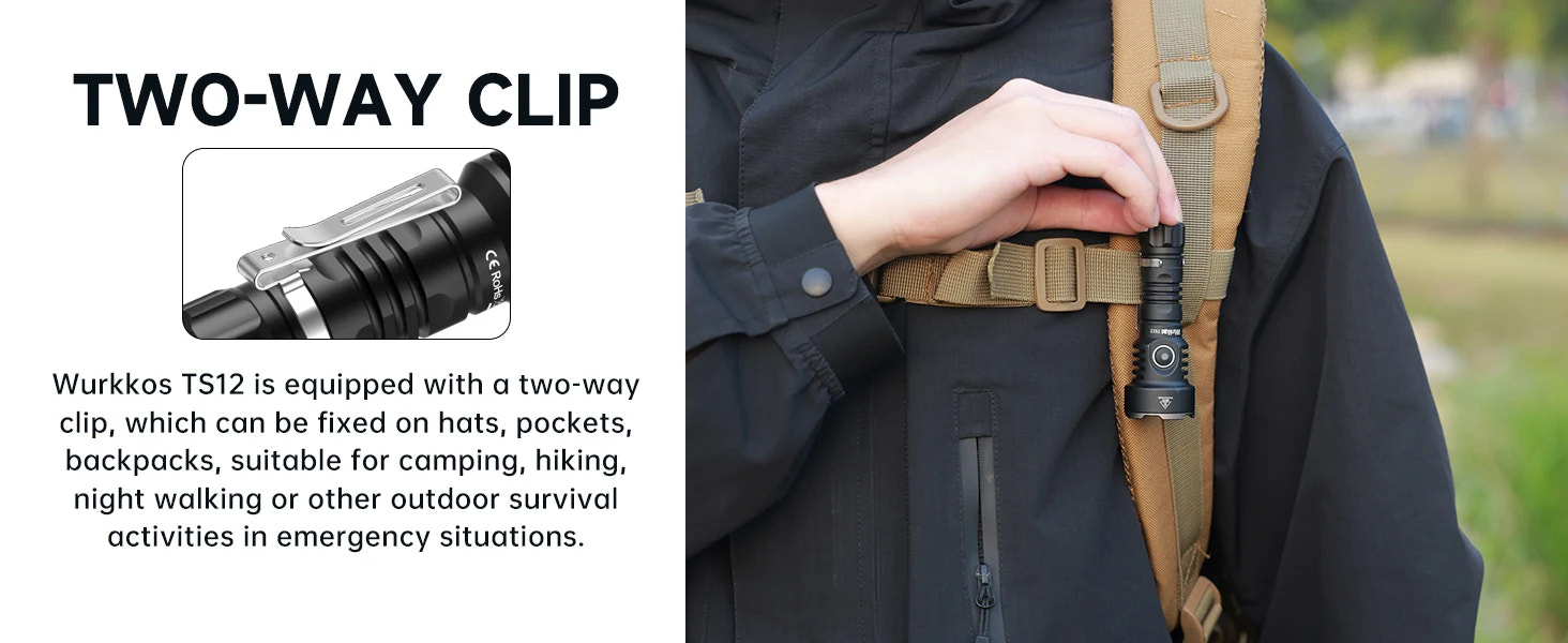 Person using a two-way clip on a backpack with text about its use in outdoor activities.